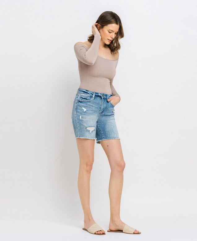 London High Rise Midi Denim Shorts