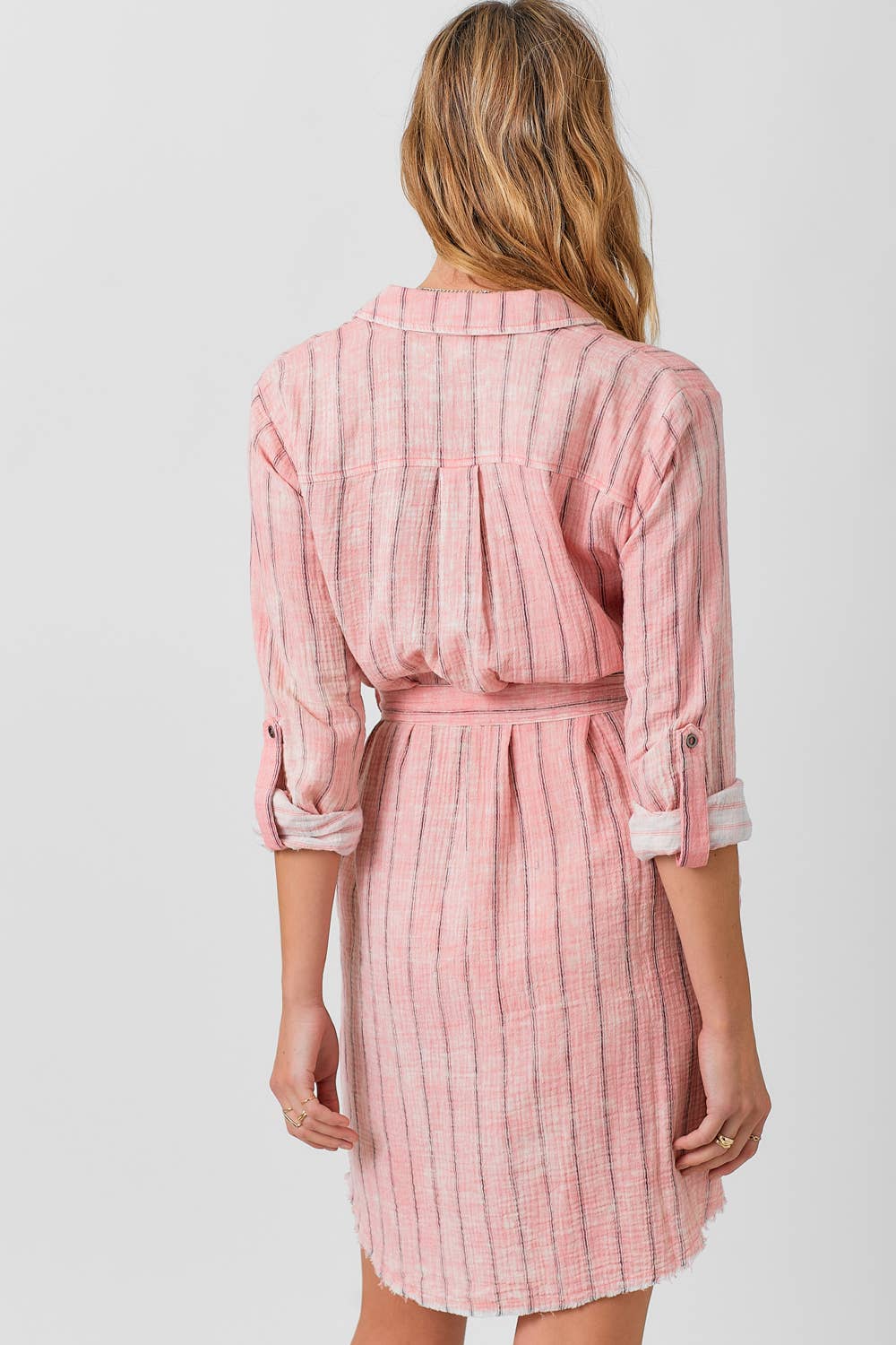 Mystree - 60633 Washed Stripe Shirt Dress: Washed Off White Stripe / Medium