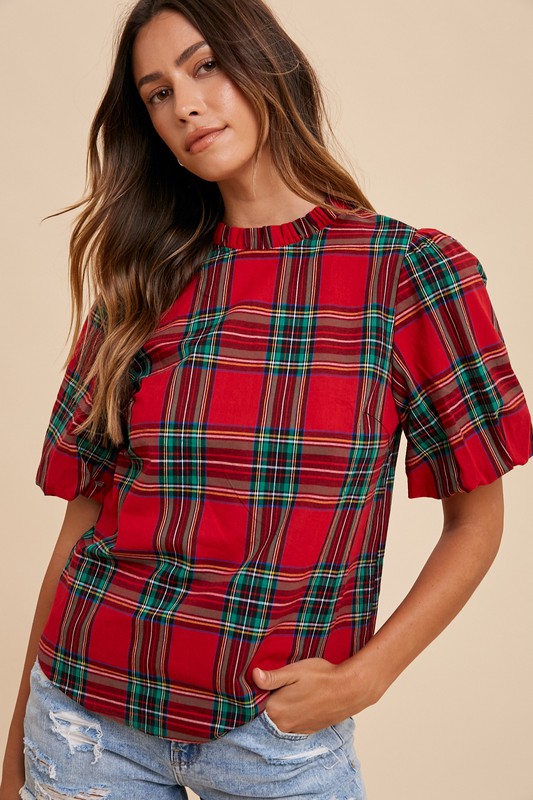 Marcella Plaid Ruffle Sleeve Blouse