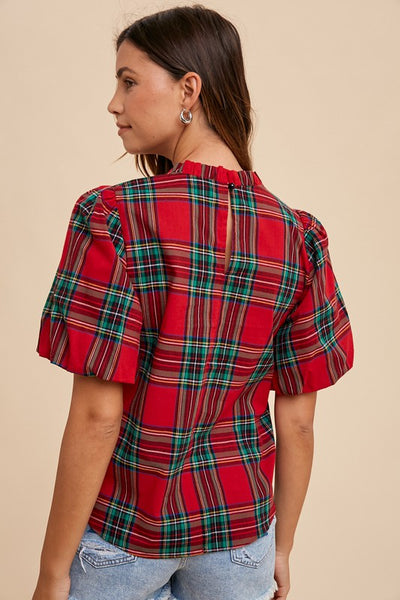 Marcella Plaid Ruffle Sleeve Blouse