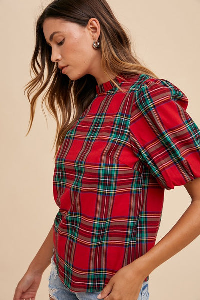 Marcella Plaid Ruffle Sleeve Blouse