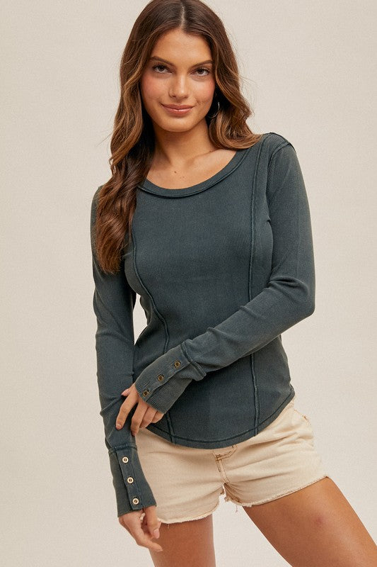 Holly Wide Neck Washed Ribbed Henley