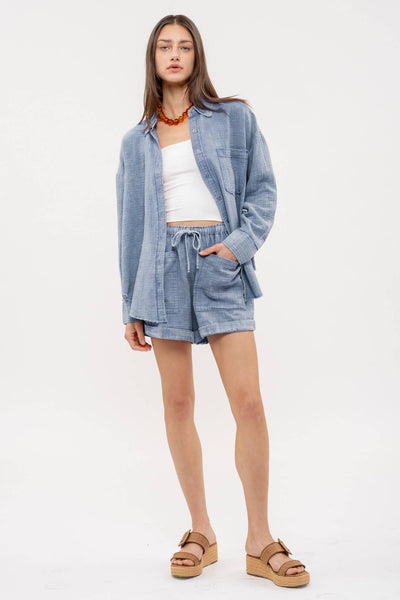 Blu Pepper - WASHED RAW EDGE BUTTON DOWN SHIRT: SIENNA