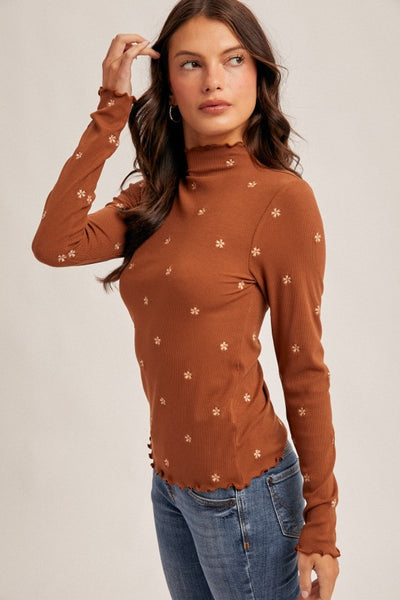 Mercury Flower Embroidered Mock Neck Top