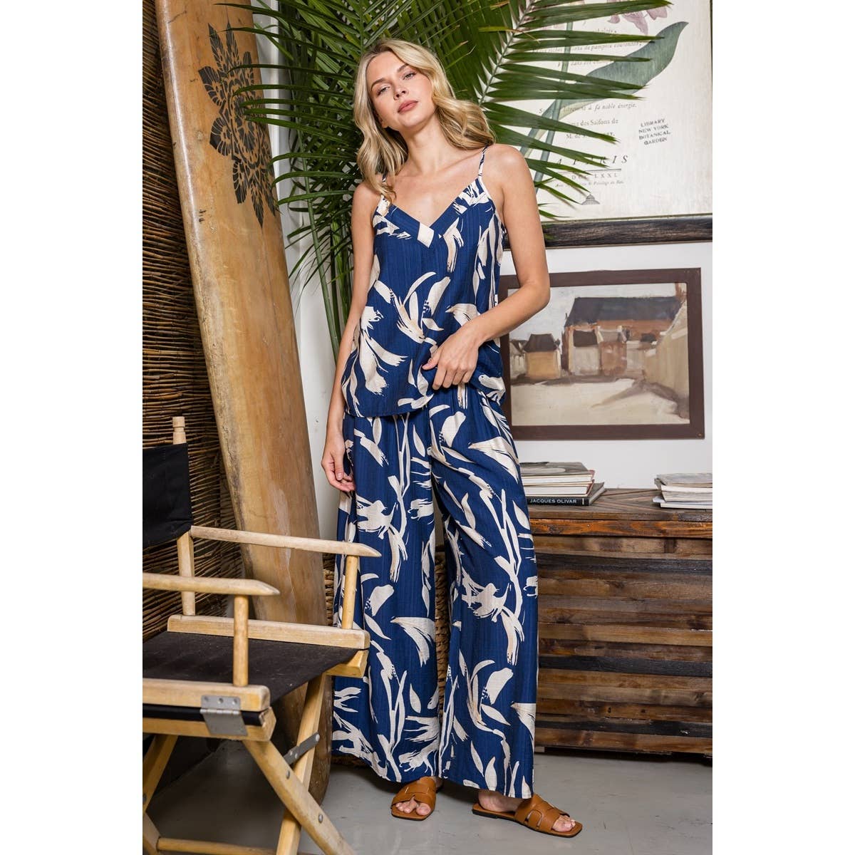 STACCATO - FLORAL PRINT PANTS: NAVY / S-M-L-XL(2-2-2-1)