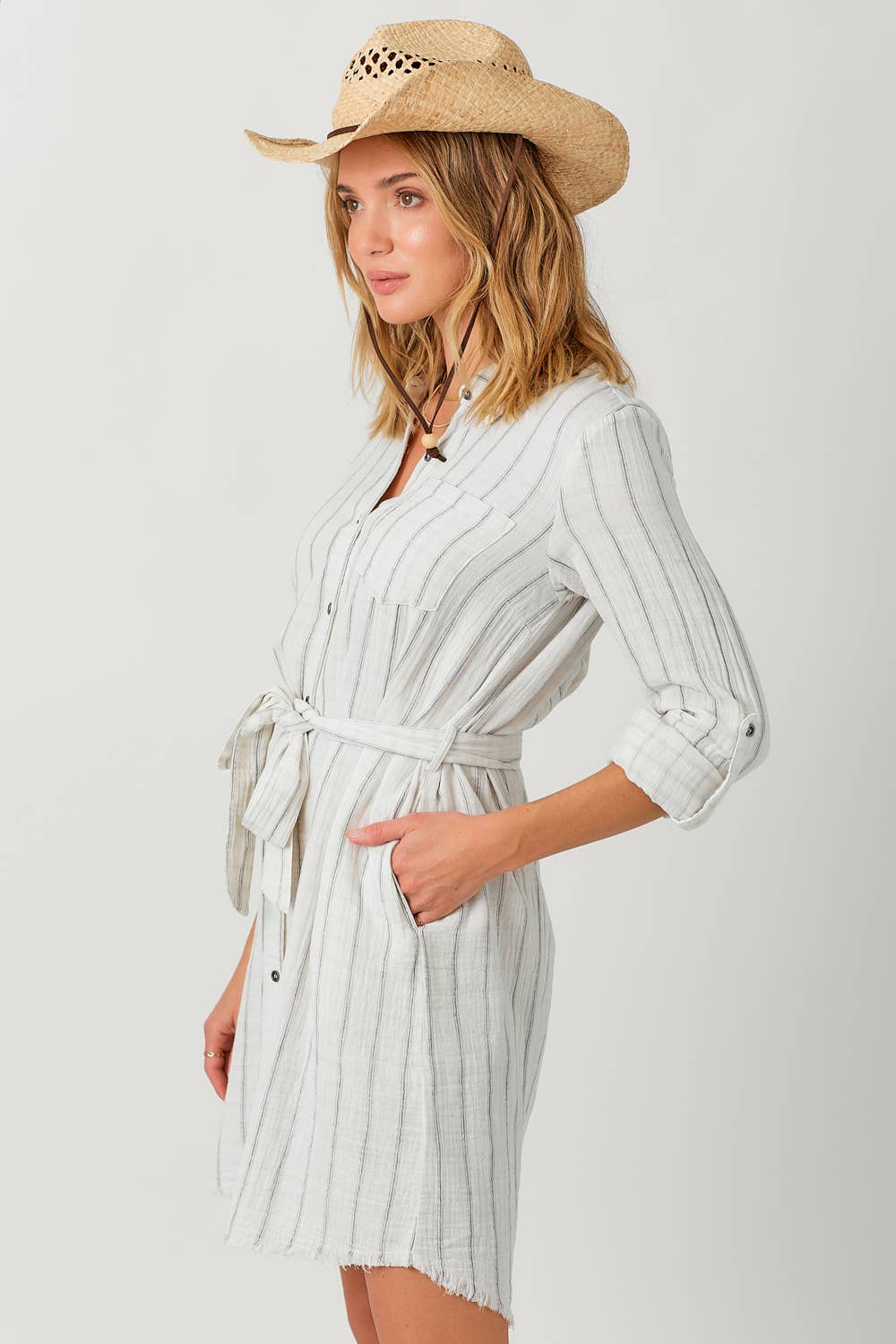 Mystree - 60633 Washed Stripe Shirt Dress: Washed Off White Stripe / Large