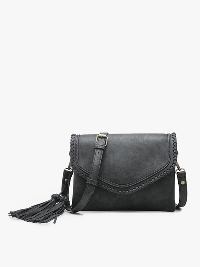 Ginger Flapover Crossbody w/ Whipstitch and Tassel