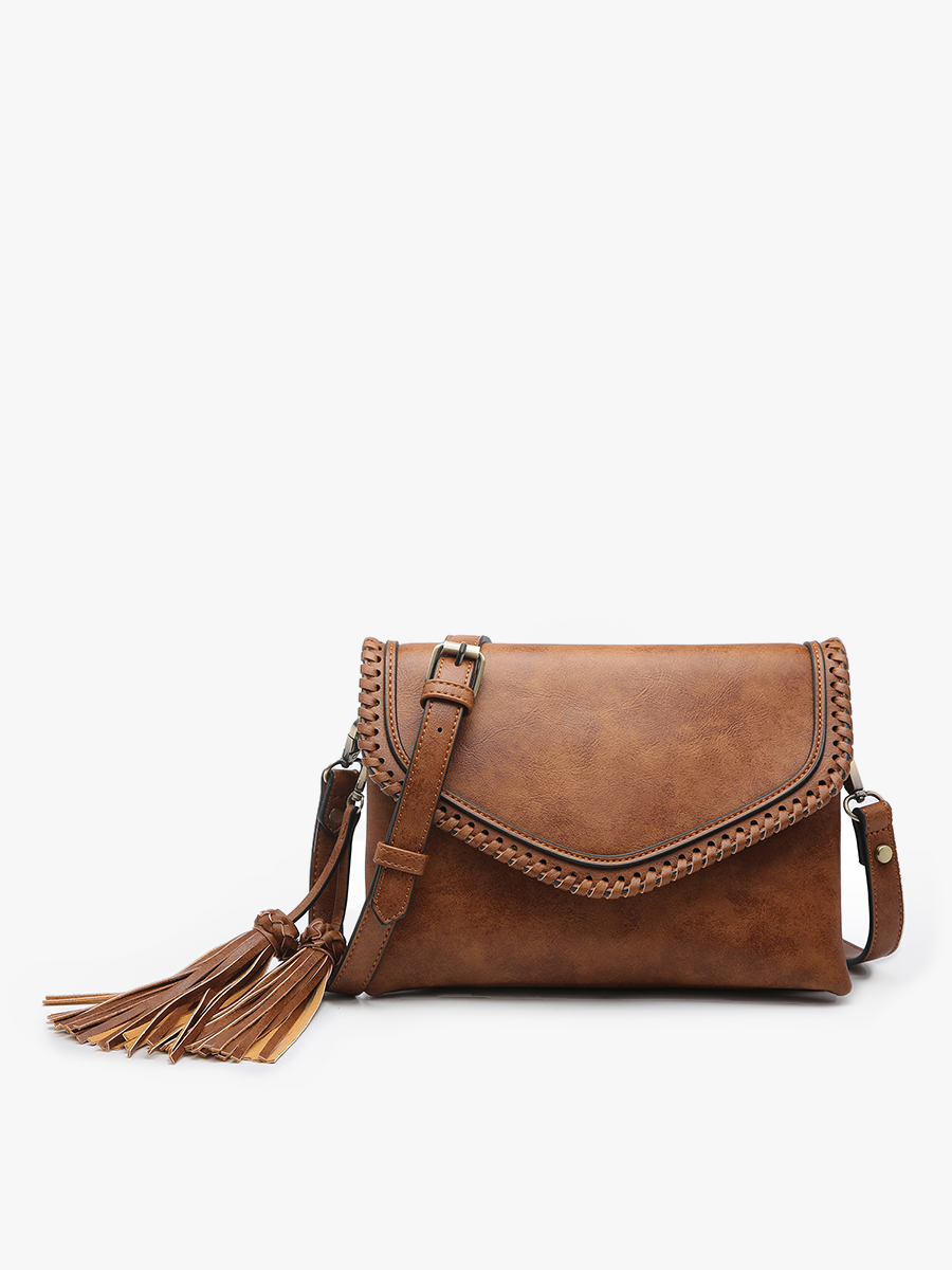 Ginger Flapover Crossbody w/ Whipstitch and Tassel