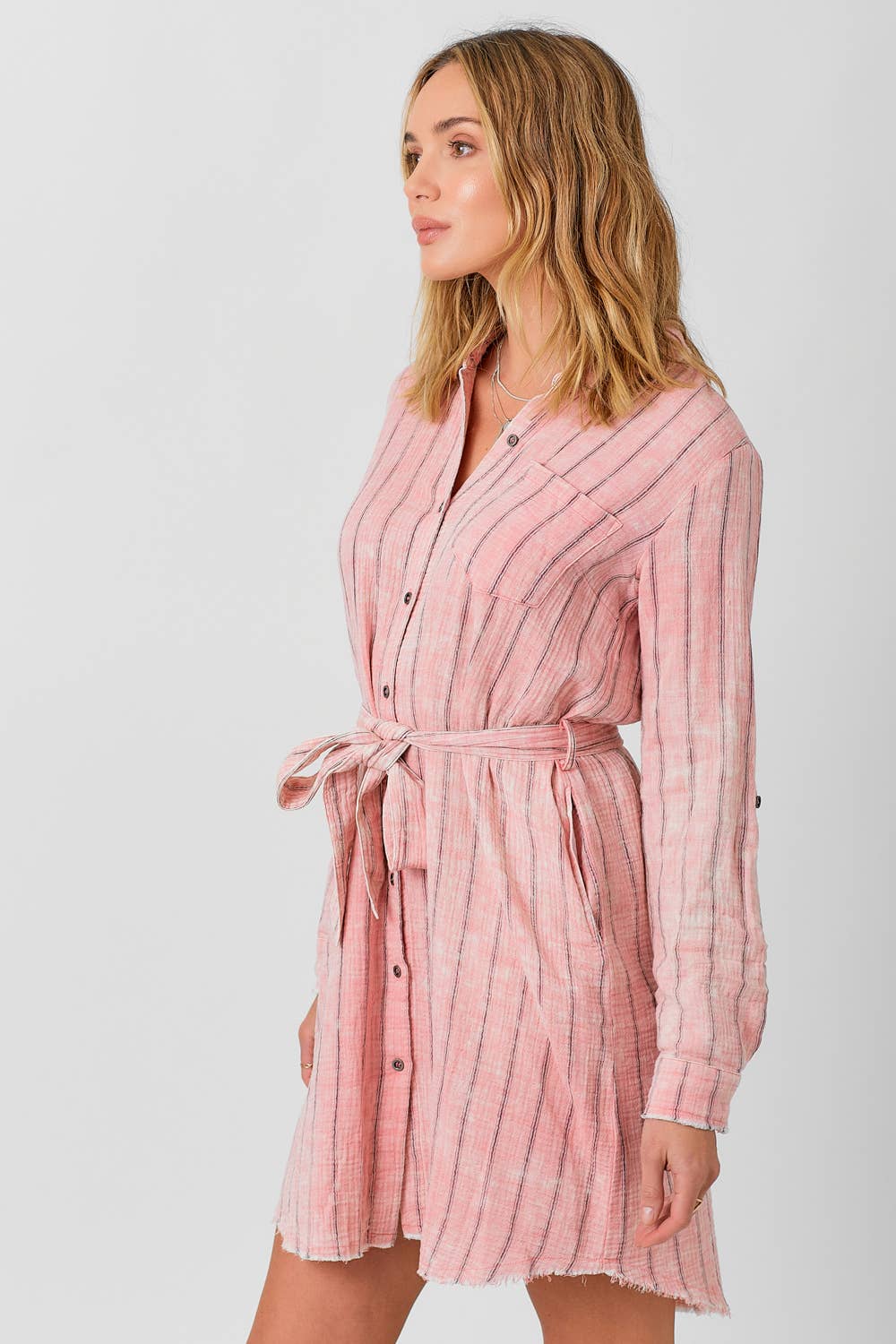 Mystree - 60633 Washed Stripe Shirt Dress: Washed Off White Stripe / Large