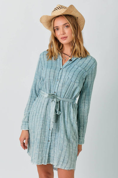 Mystree - 60633 Washed Stripe Shirt Dress: Washed Off White Stripe / Large