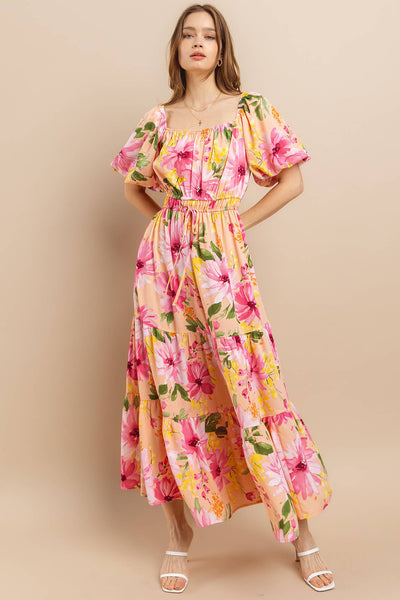 Ces Femme - DU52320PA / Floral Print Balloon Sleeve Maxi Dress: S-M-L (2-2-2) / SAGE