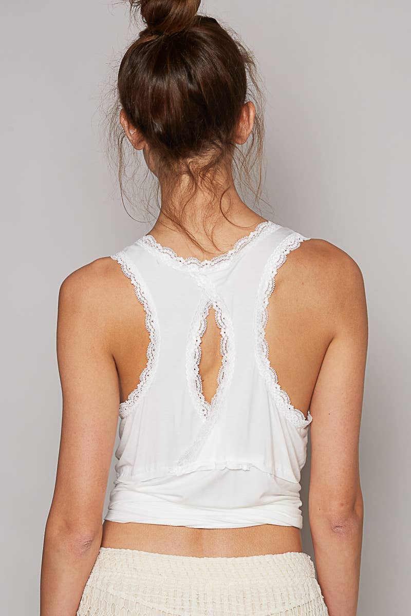 Pol Clothing - Scoop neck sleevleess lace trim back open knit top: EGG SHELL / M