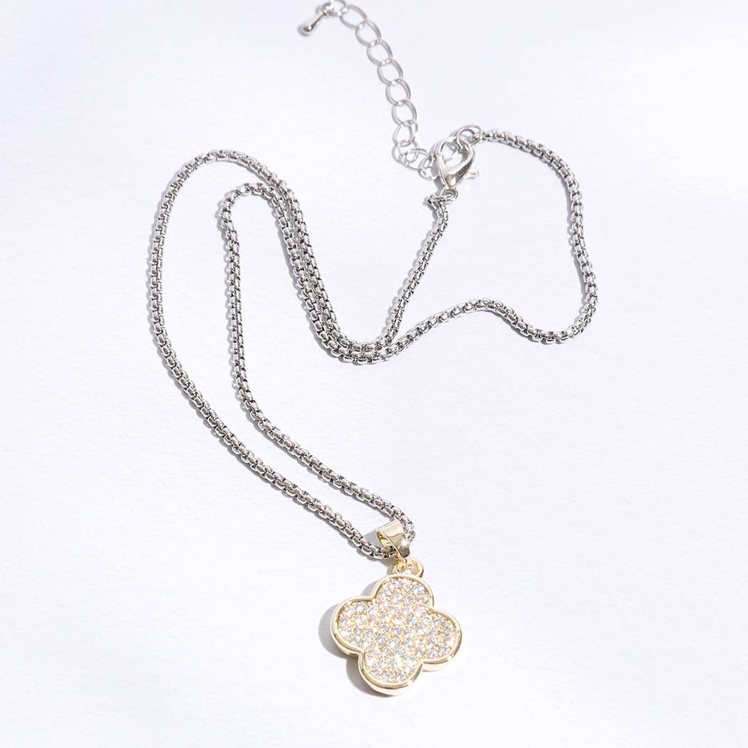 Gold Disc Clover Pave Chain Necklace