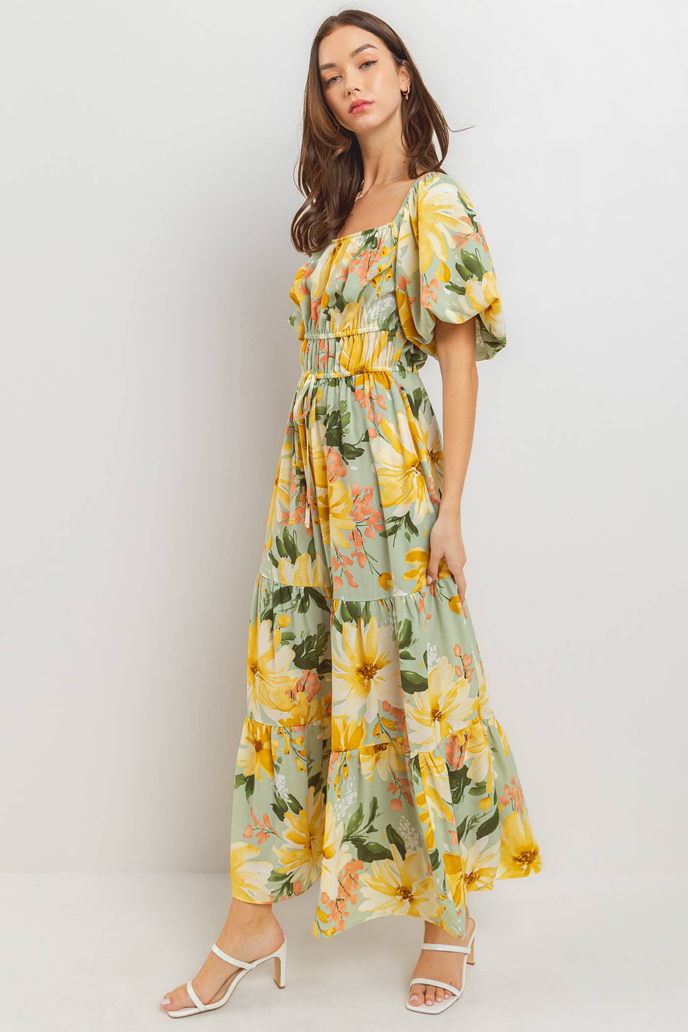 Ces Femme - DU52320PA / Floral Print Balloon Sleeve Maxi Dress: S-M-L (2-2-2) / SAGE