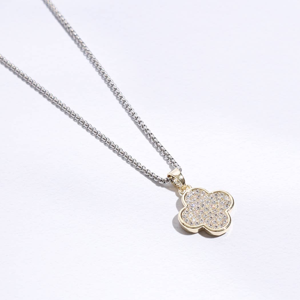 Gold Disc Clover Pave Chain Necklace