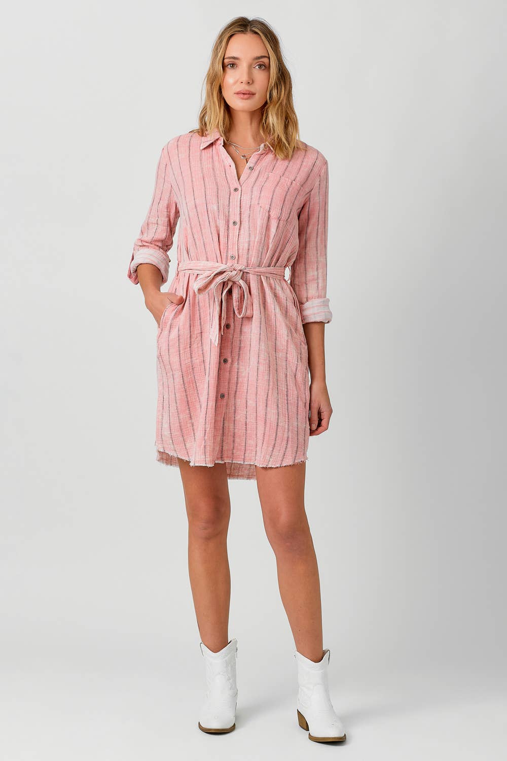 Mystree - 60633 Washed Stripe Shirt Dress: Washed Off White Stripe / Large