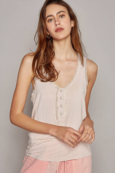 Pol Clothing - Scoop neck sleevleess lace trim back open knit top: EGG SHELL / M