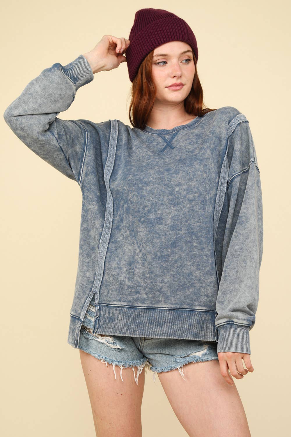 VERY J - NT11399-Mineral Washed French Terry Oversized Knit Top: Black / S-M-L/2-2-2