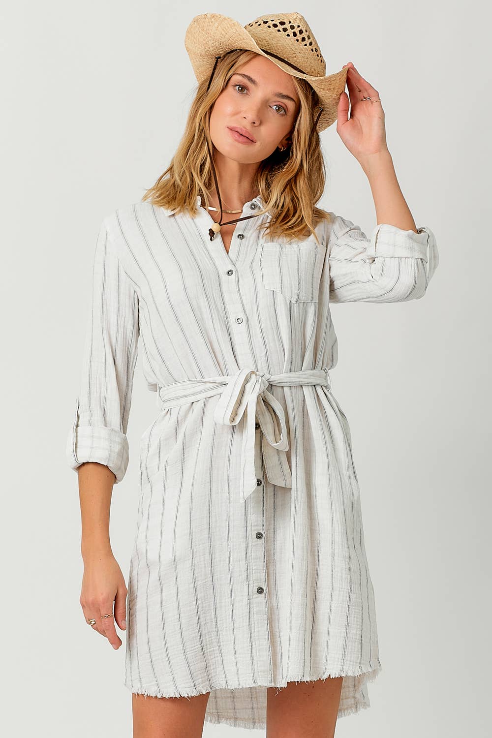 Mystree - 60633 Washed Stripe Shirt Dress: Washed Off White Stripe / Medium