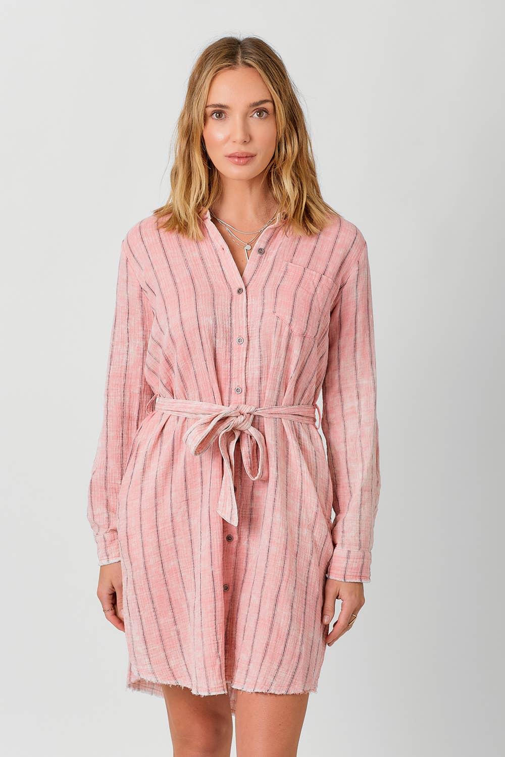 Mystree - 60633 Washed Stripe Shirt Dress: Washed Off White Stripe / Large