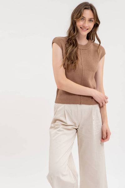 Blu Pepper - SLEEVELESS CREWNECK SWEATER KNIT TOP: TAN