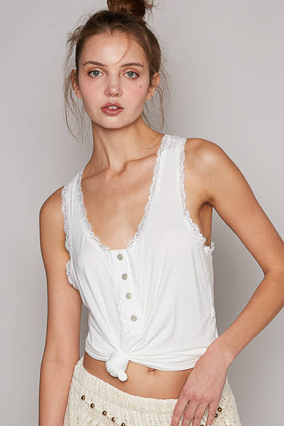 Pol Clothing - Scoop neck sleevleess lace trim back open knit top: EGG SHELL / M