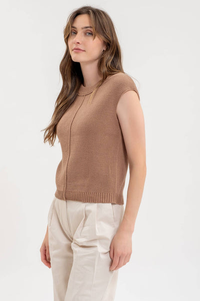 Blu Pepper - SLEEVELESS CREWNECK SWEATER KNIT TOP: TAN