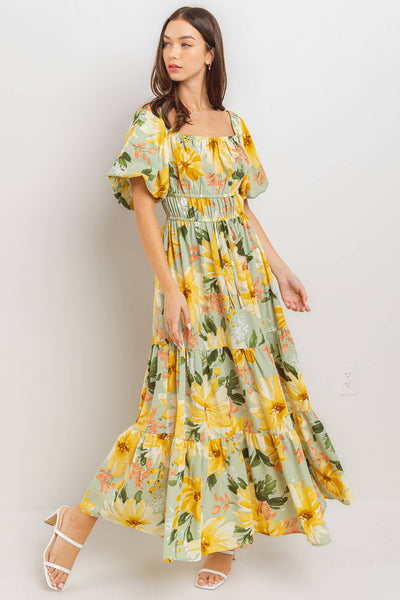 Ces Femme - DU52320PA / Floral Print Balloon Sleeve Maxi Dress: S-M-L (2-2-2) / SAGE