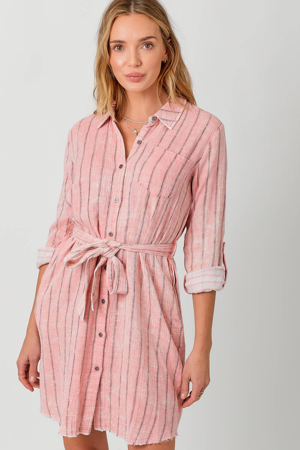 Mystree - 60633 Washed Stripe Shirt Dress: Washed Off White Stripe / Medium