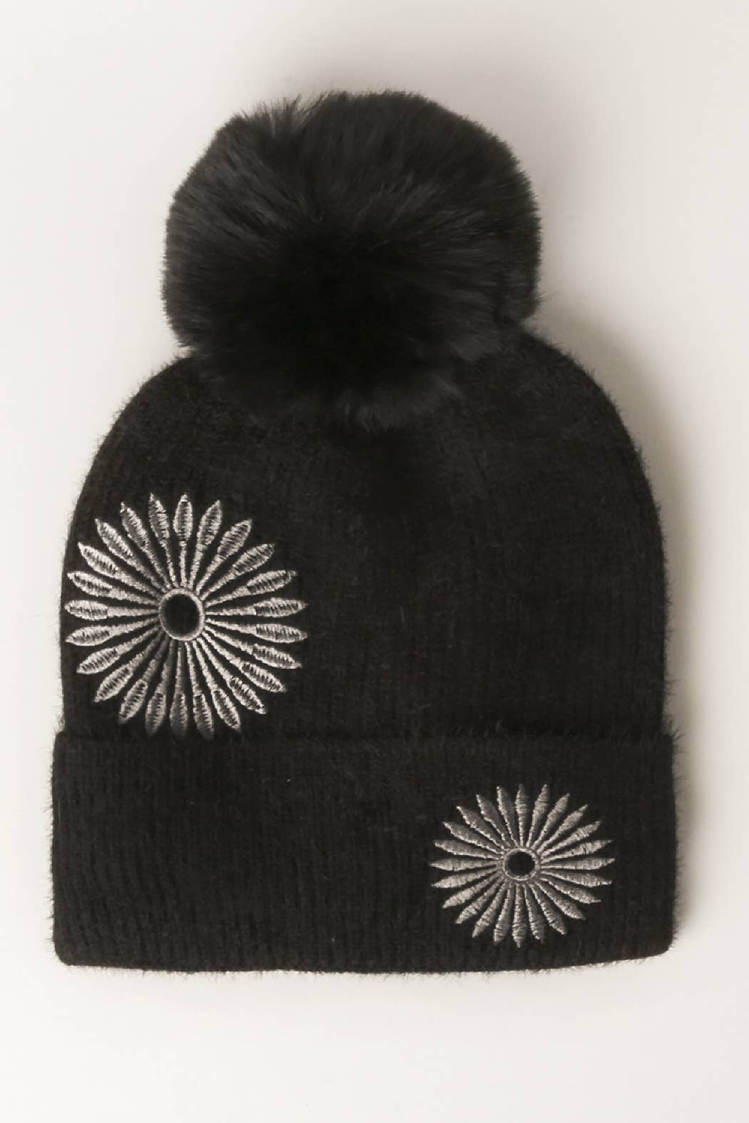 Daisy Pattern Knit Beanie  Pom Pom