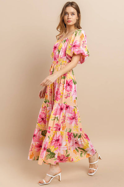 Ces Femme - DU52320PA / Floral Print Balloon Sleeve Maxi Dress: S-M-L (2-2-2) / SAGE