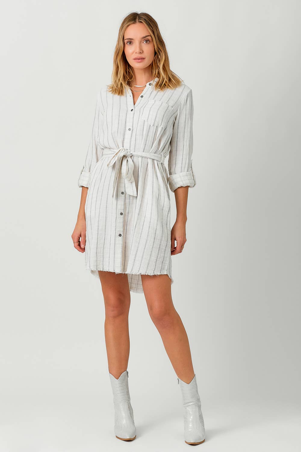 Mystree - 60633 Washed Stripe Shirt Dress: Washed Off White Stripe / Large