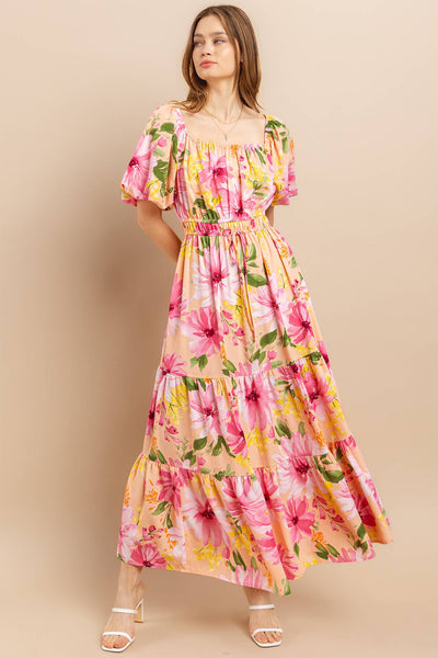 Ces Femme - DU52320PA / Floral Print Balloon Sleeve Maxi Dress: S-M-L (2-2-2) / SAGE