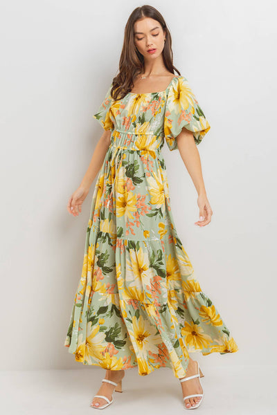 Ces Femme - DU52320PA / Floral Print Balloon Sleeve Maxi Dress: S-M-L (2-2-2) / SAGE