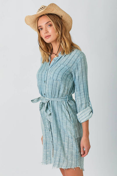 Mystree - 60633 Washed Stripe Shirt Dress: Washed Off White Stripe / Large