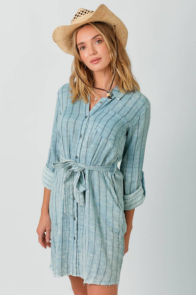 Mystree - 60633 Washed Stripe Shirt Dress: Washed Off White Stripe / Large