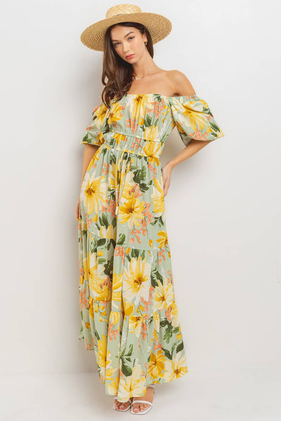 Ces Femme - DU52320PA / Floral Print Balloon Sleeve Maxi Dress: S-M-L (2-2-2) / SAGE